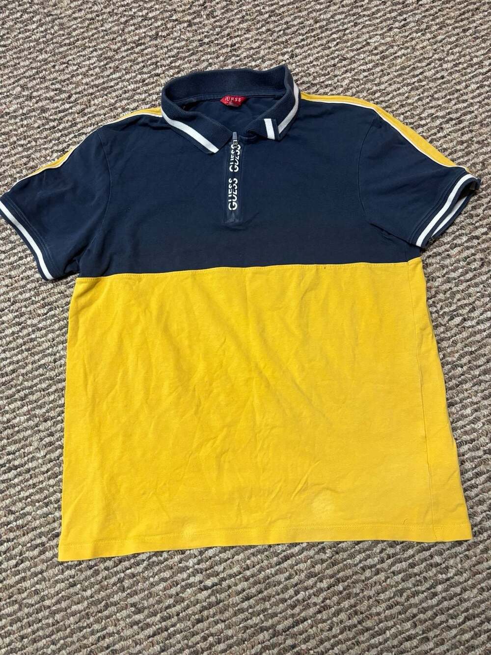 GUESS Los Angeles Men's Colorblock Quarter-Zip Polo Shirt Navy Blue and Yellow
